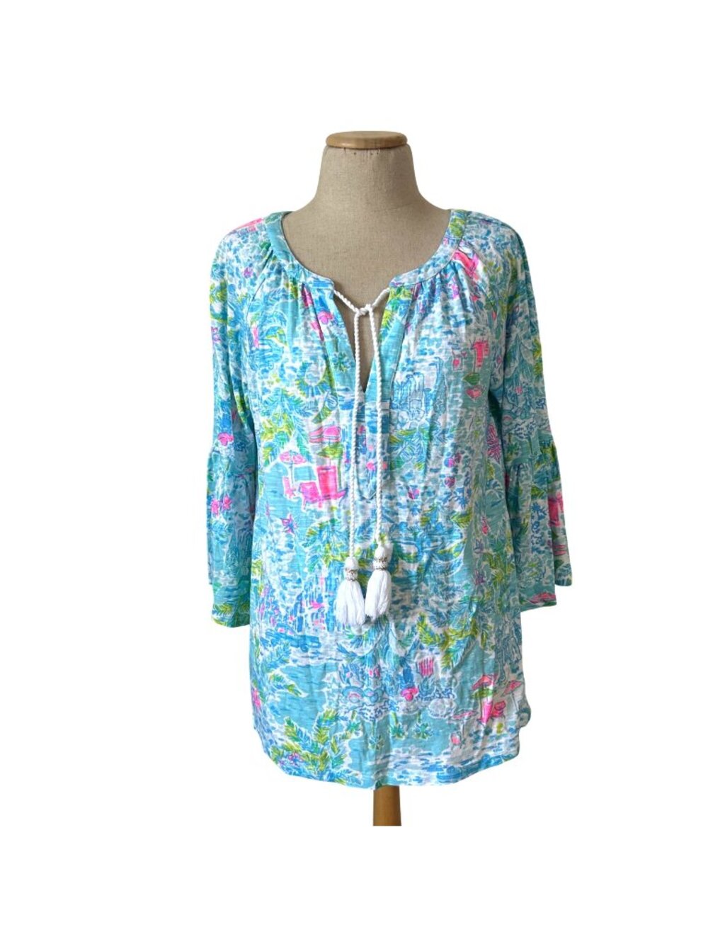 Lilly Pulitzer Women's Size M Tropical Print Bell Sleeve Tunic Top Tassel Ties